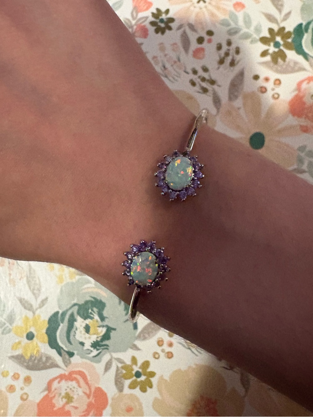 Silver Opal and Purple Halo Cuff Bracelet